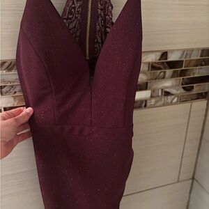 Plunge Neck Sparkle Backless Dress in Wine